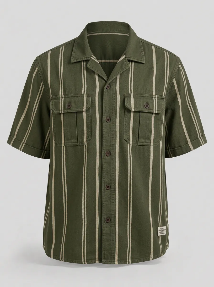 Men's Casual Summer Olive Green Vertical Striped Printed Shirt