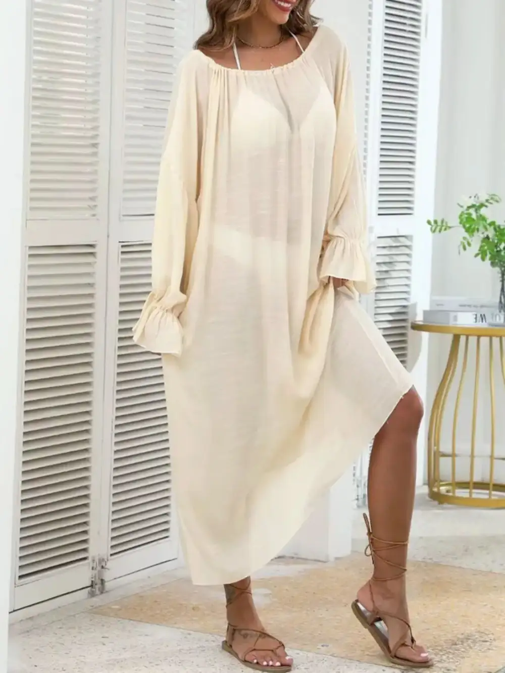 Backless Drawstring Back Flounce Sleeve Swim Cover Up