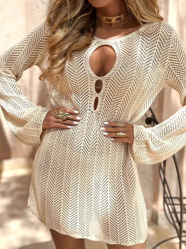 Long Sleeve Relaxed Hollow Solid Color Split Joint Round Neck Mini