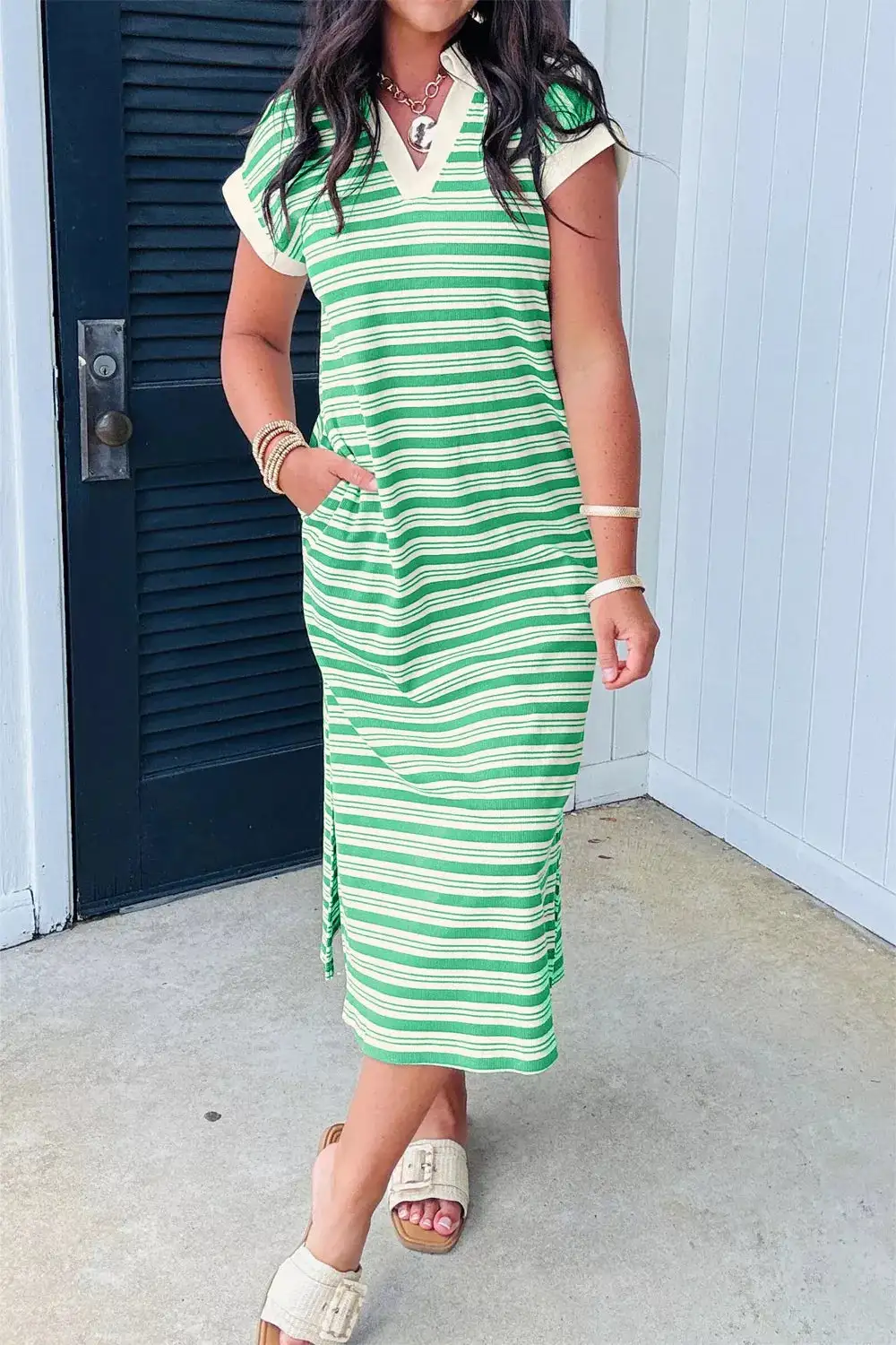 Stripe Collared V-Neck Short Sleeve T-Shirt Midi Dress With Pockets
