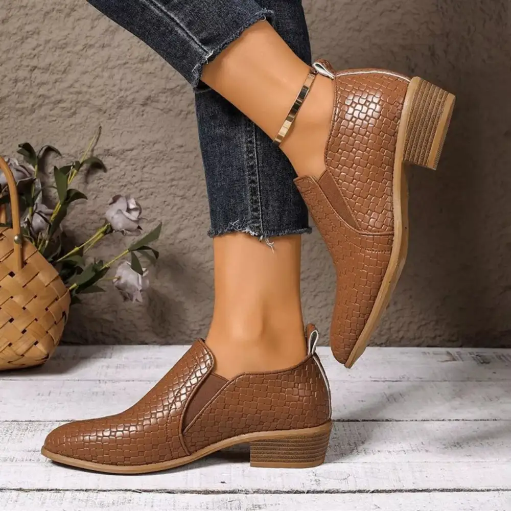 Textured Point Toe Block Heels Ankle Boots