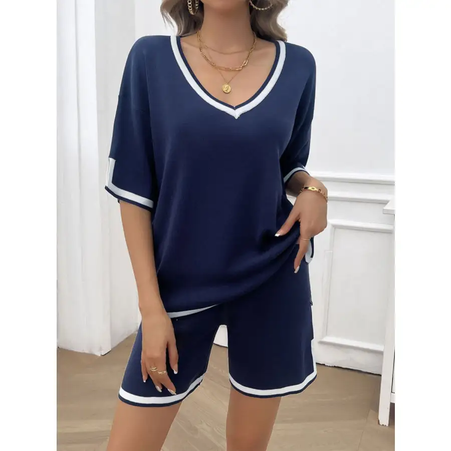 Contrast Trim V Neck Top and Shorts Set