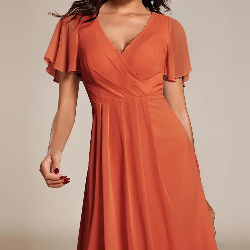 6PACK-Ruffles Sleeve Pleated V-Neck A-Line Midi Chiffon Wedding Guest Dress