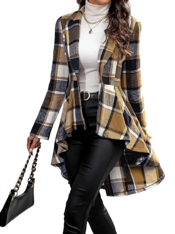 Women's Plaid Print Button High Low Hem Jacket