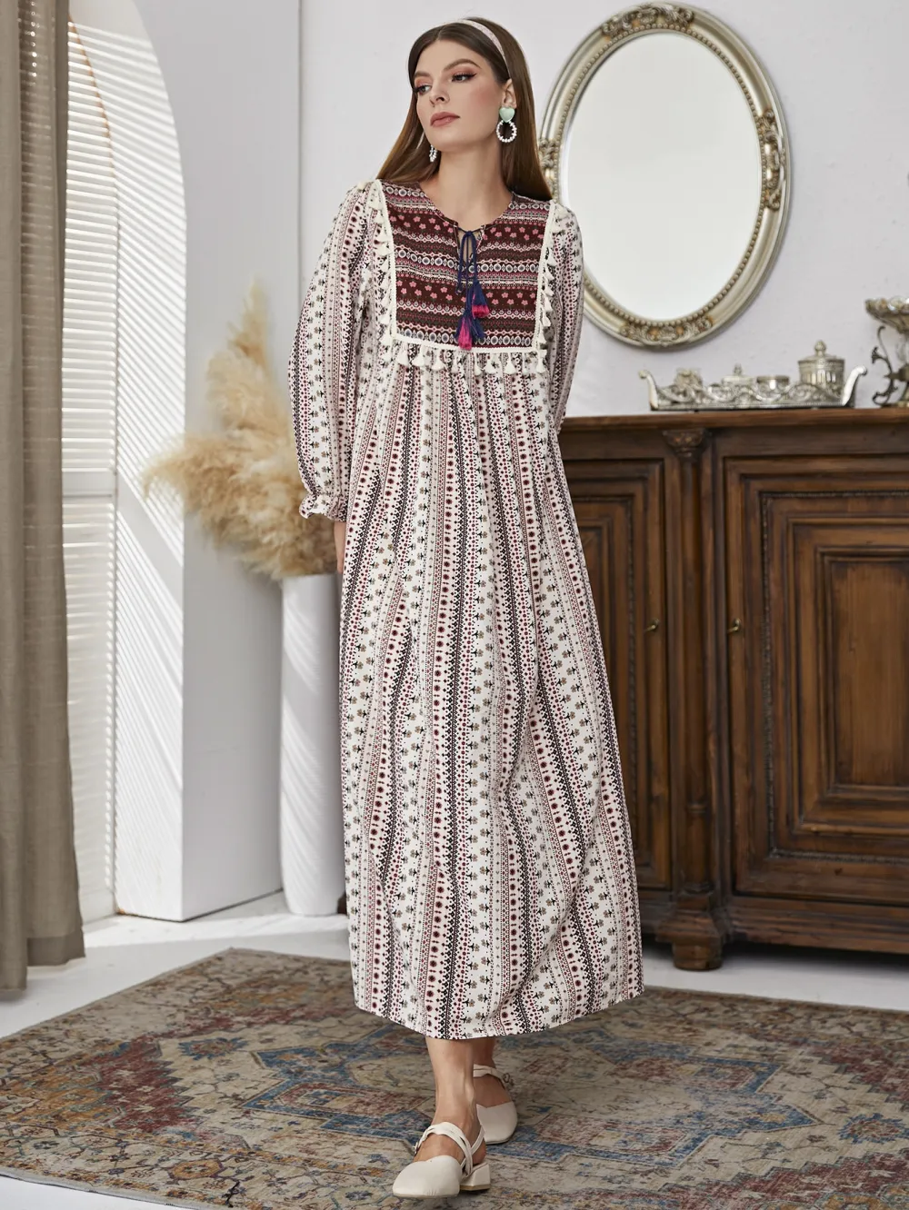Floral & Geo Print Flounce Sleeve Tassel Trim Tie Neck Dress