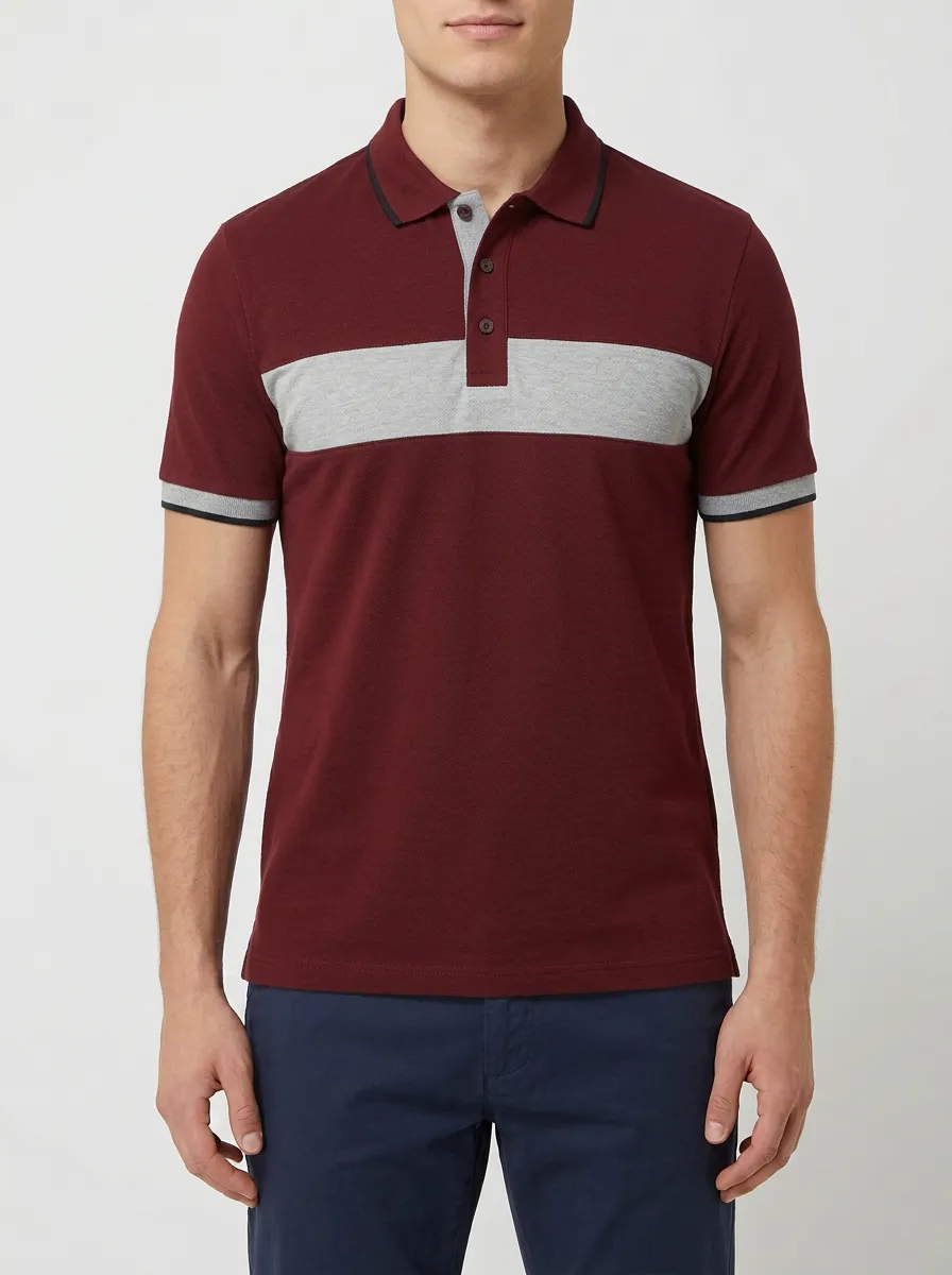 Men's Ribbed Textured Striped Colorblock Polo Shirt