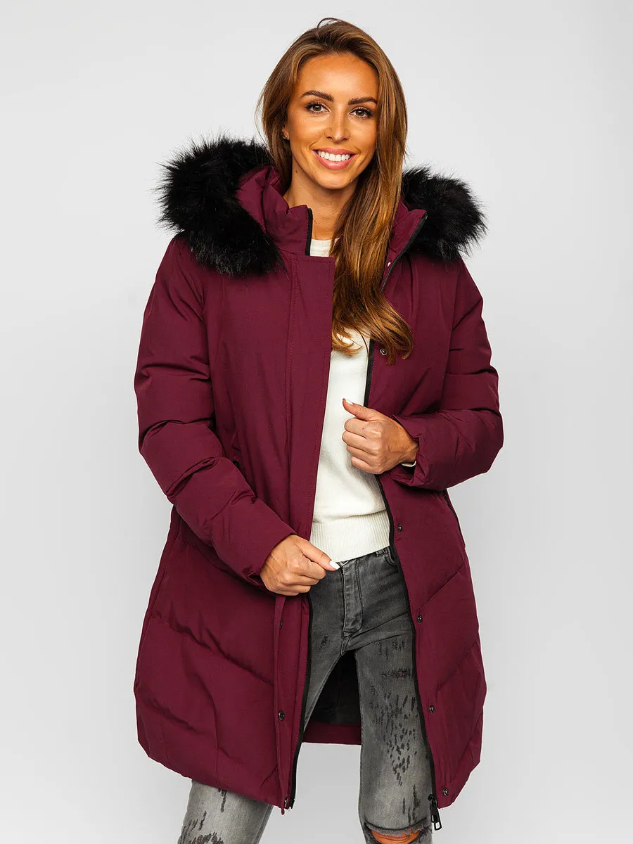 Wine Women's Quilted Winter Jacket With Hood