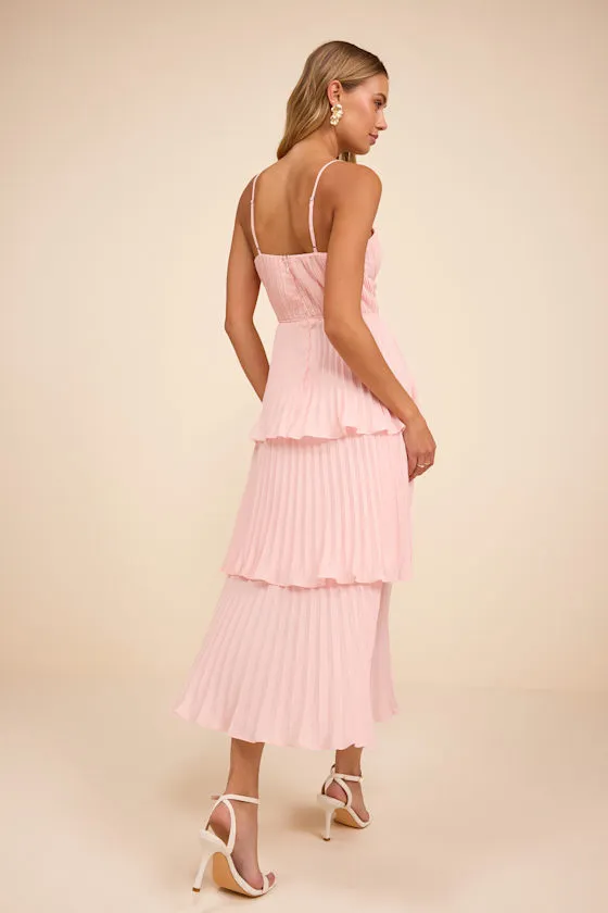 Cascading Crush Light Blue Tiered Bustier Midi Dress