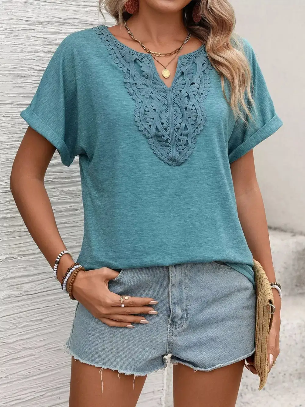 Lace Trim Detail Short Sleeve T-Shirt