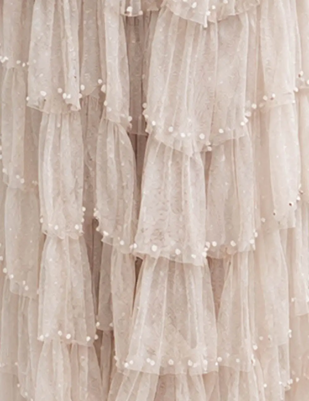 Sheer Mesh Faux Pearl Tiered Ruffle Maxi Skirt