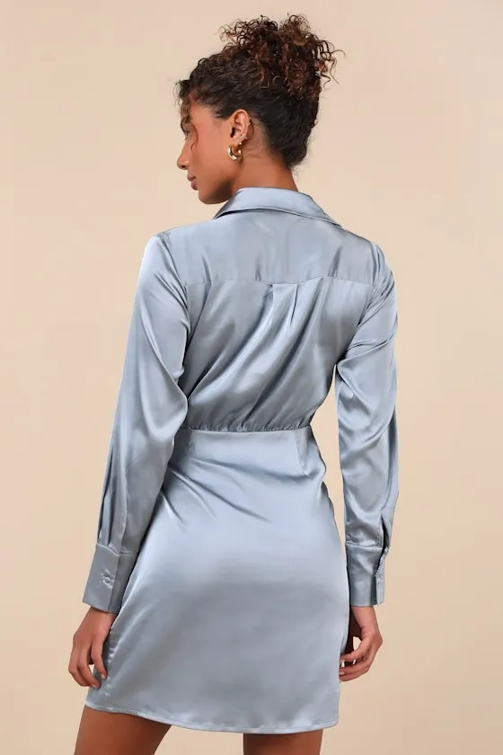 Painterly Perfection Slate Blue Satin Wrap Mini Dress