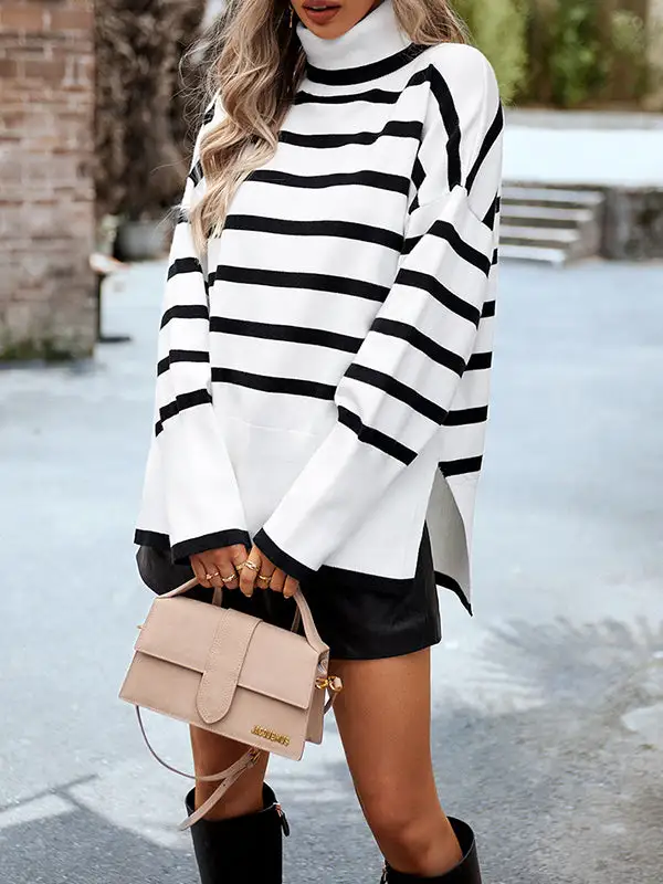 Striped Split Hem High Neck Long Sleeve Relaxed Fit Pullover Sweater