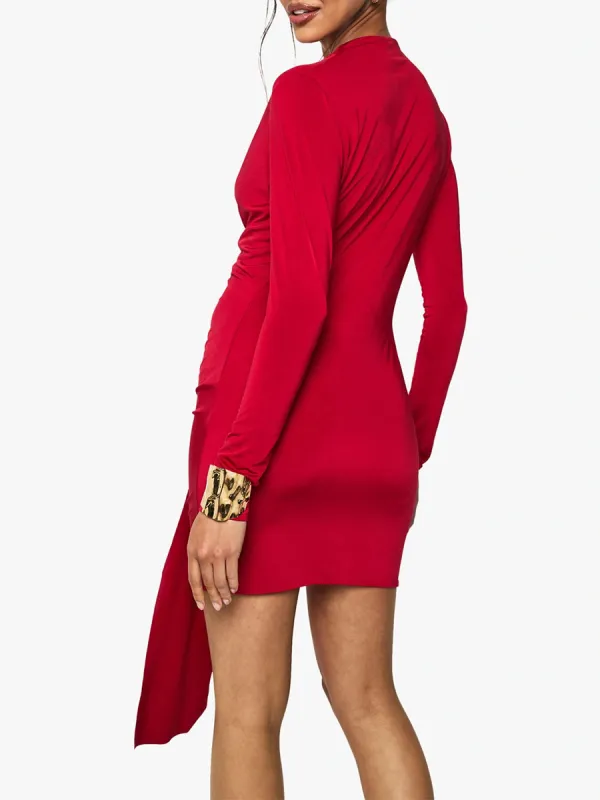 Women's Stylish Red Tie-Accent Deep V-Neck Dress