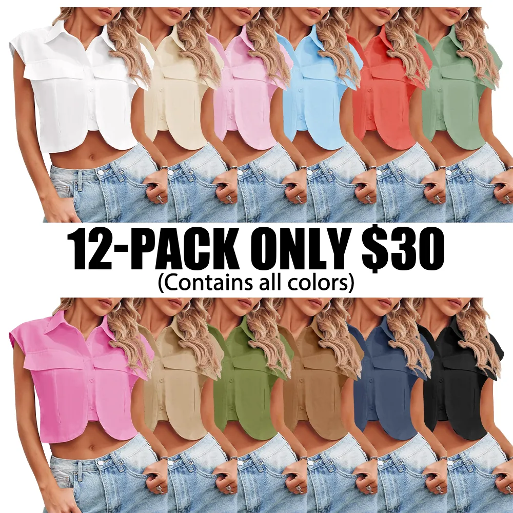 Womens Button Down Shirts Cute Summer Cap Sleeve Crop Tops