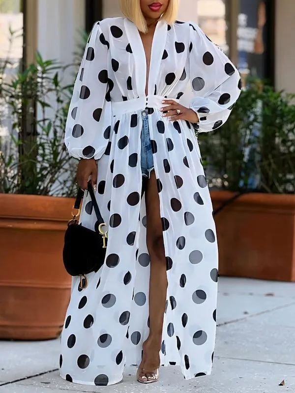 Pleated Polka Dot Long Neck Maxi Dress
