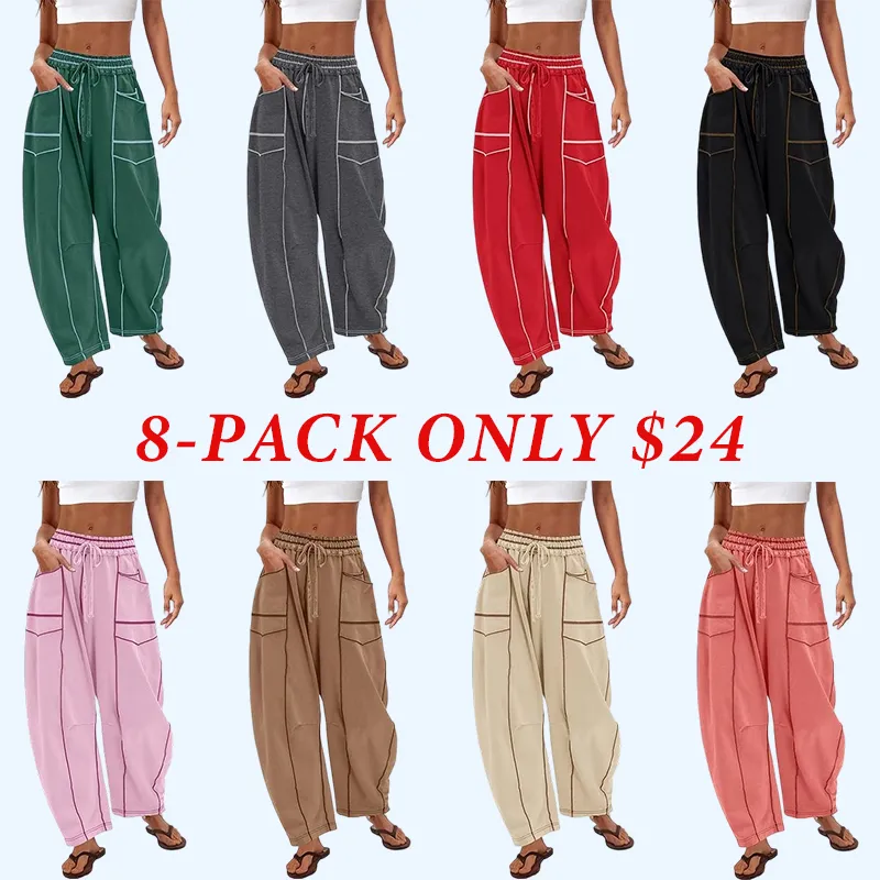8PACKWomen'S Baggy Barrel Pants Wide Leg LoungeDrawstring Sweatpants With Pockets Minimalist BottomsCasual Style Comfortable Breathable
