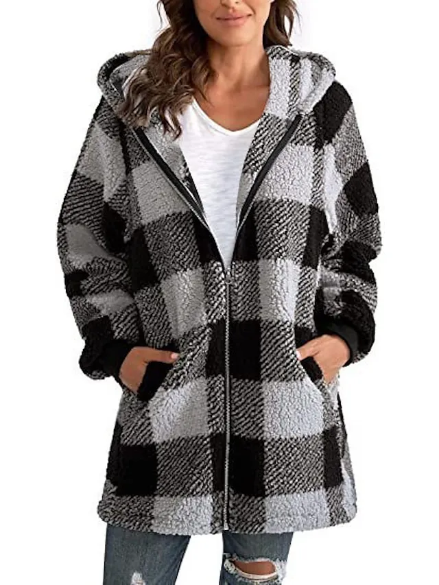 Women's Fleece Jacket Fleece Basic Pocket Zip Up Black Light Green Red Plaid Street Casual Hoodie Long Sleeve Top Micro-elastic Fall & Winter