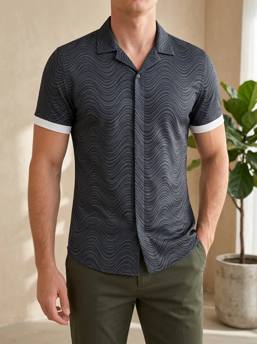 Men's Slim Fit Wavy Pattern Printed Short Sleeve Shirt