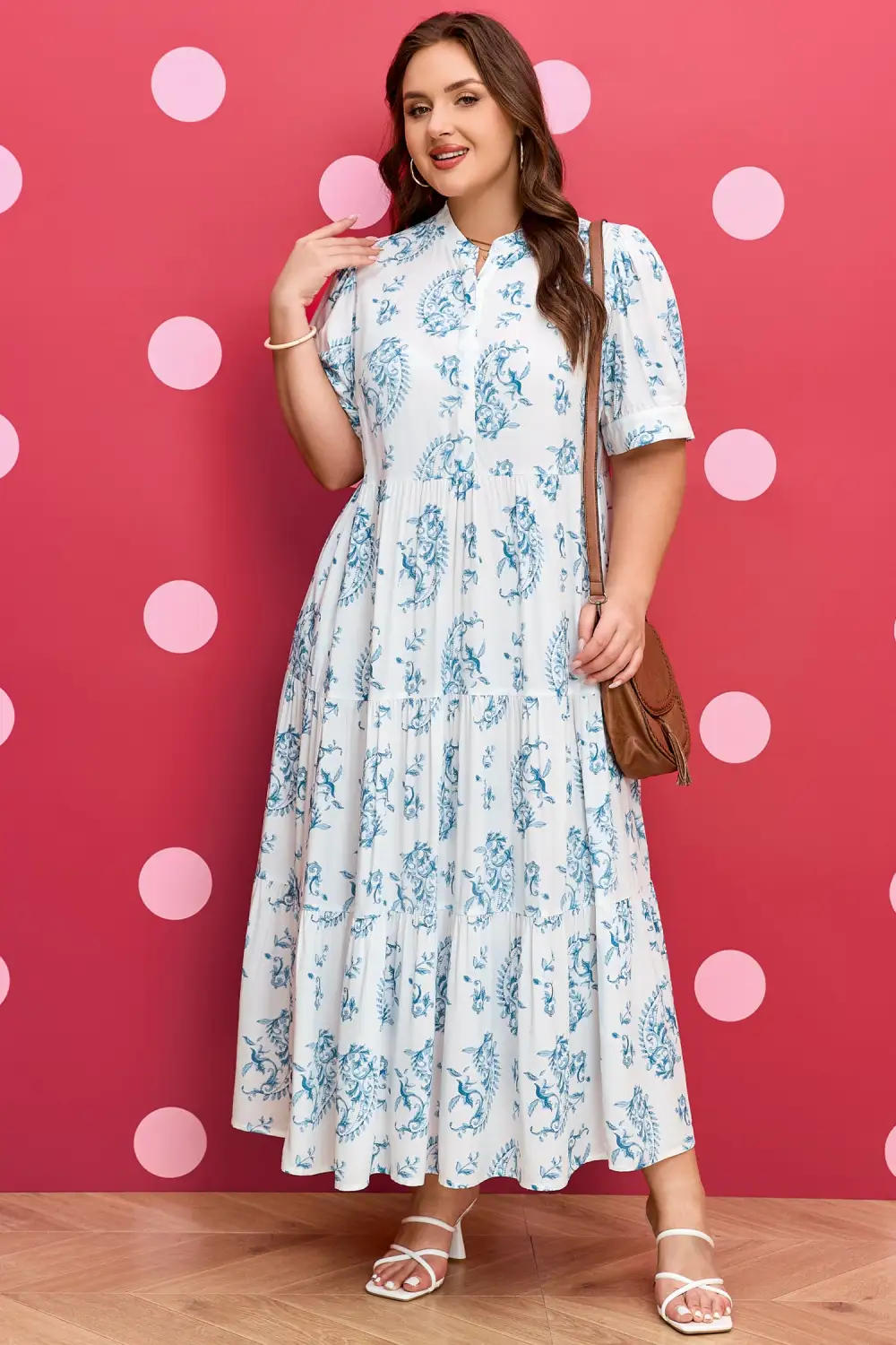 Floral Geometric Print Split Neck Maxi Dress