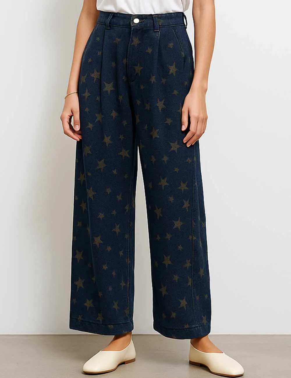Color Block Star Print Straight Leg Denim Pants