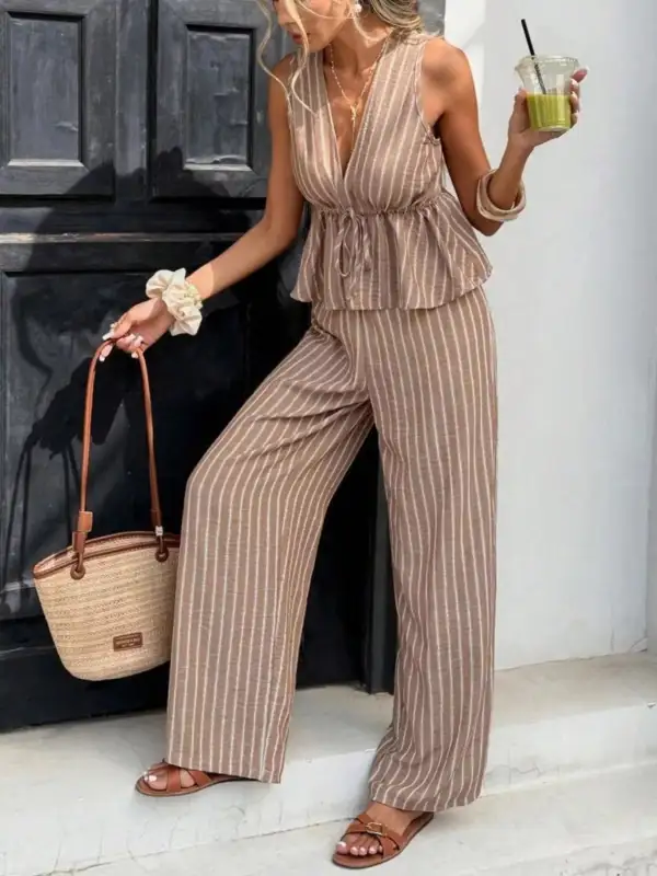Relaxed Striped Sleeveless Top and Wide Leg Pants Set