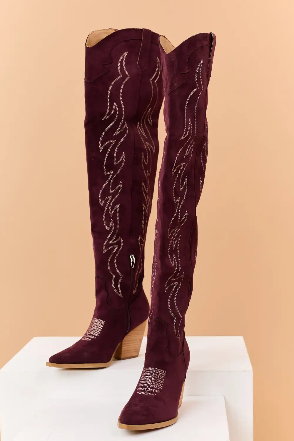 Wine Faux Suede Over Knee Embroidered Western Boots