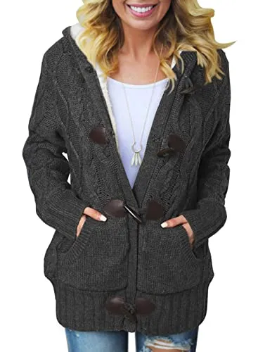 Womens 2025 Winter Hooded Cardigans Button Up Cable Knit Sweater Coat Outerwear with Pockets
