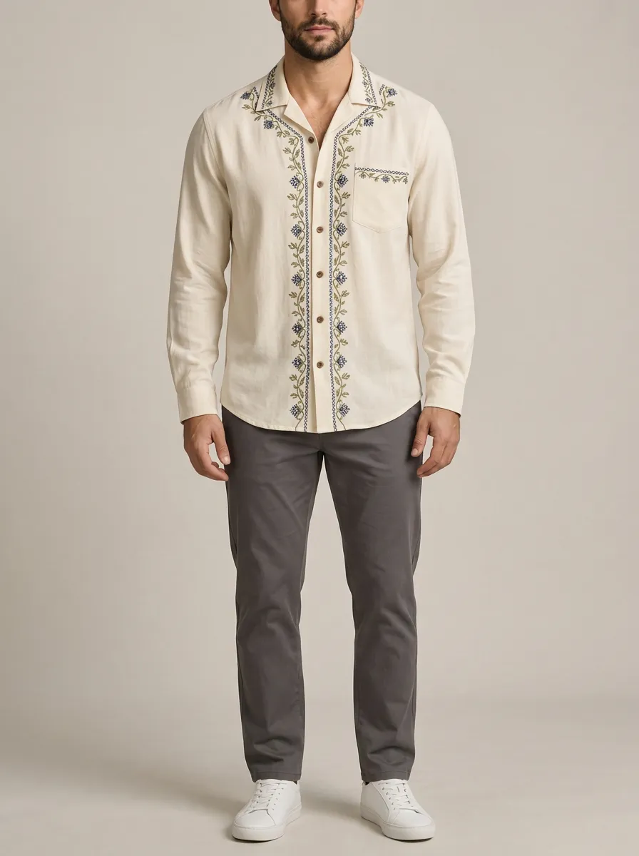 Men's Floral Boho Relaxed Embroidered Long Sleeve Shirt