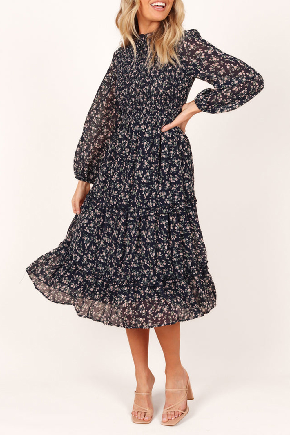 NAVY FLORAL SHIRRED FRILL LONG SLEEVE MIDI DRESS