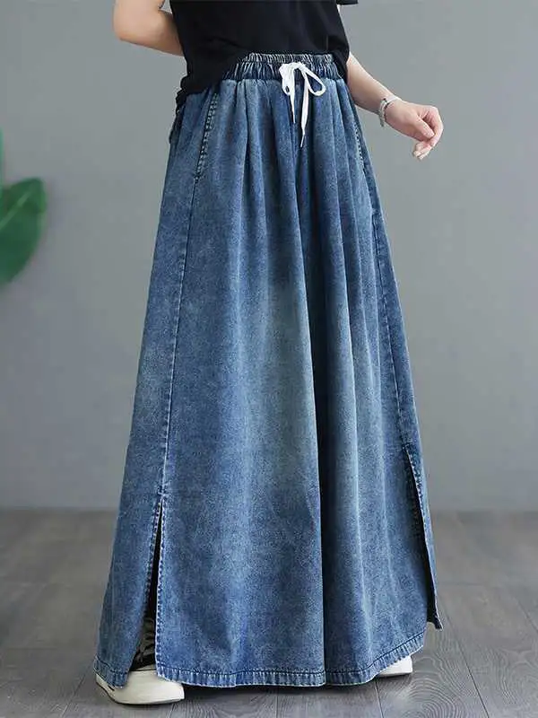 Relaxed Fit Wide Leg Side Split Drawstring Jeans