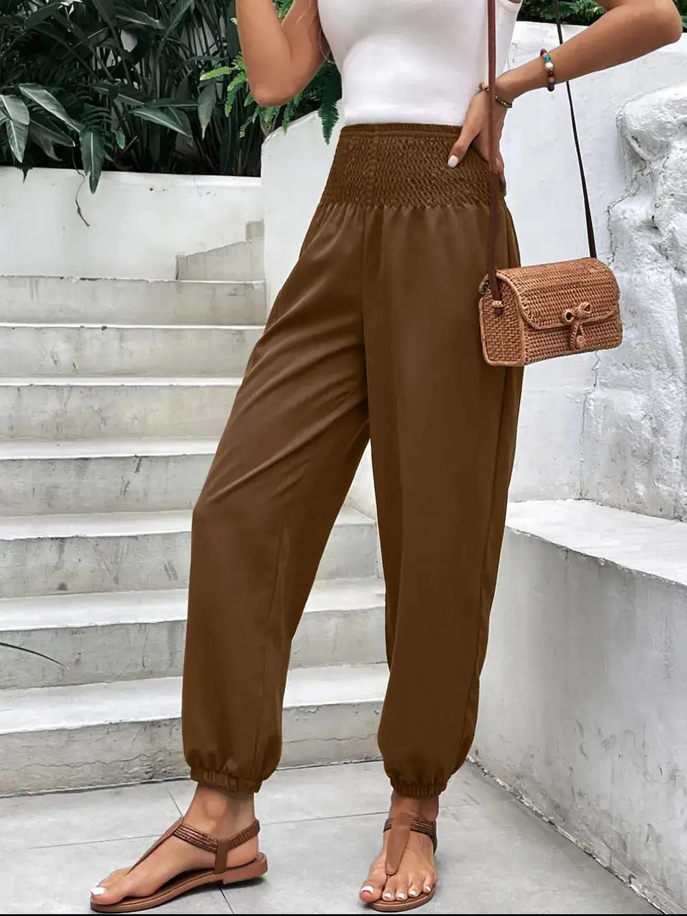 Relaxed Smocked High Waist Pants