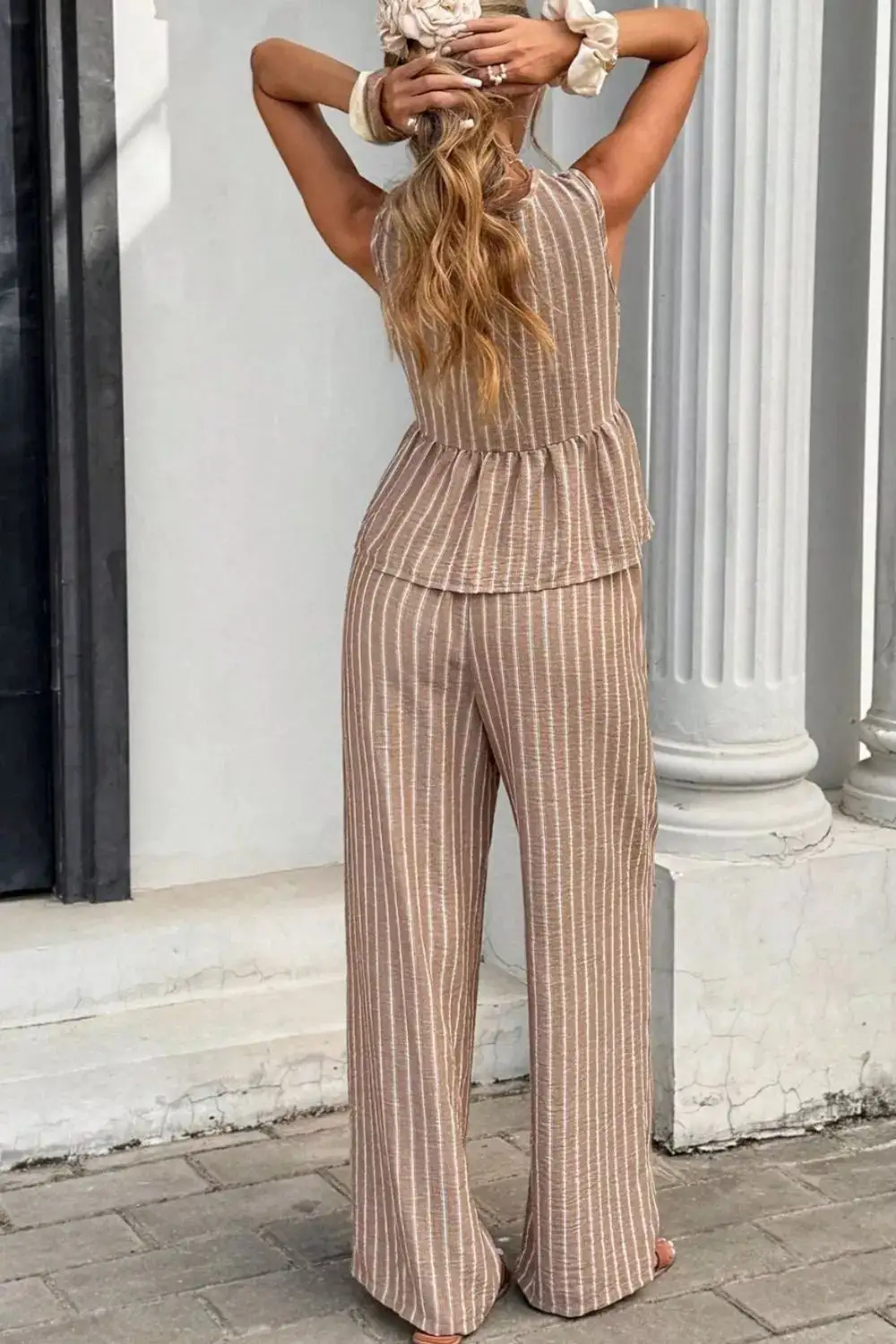Textured Striped Sleeveless Top and Wide Leg Pants Set