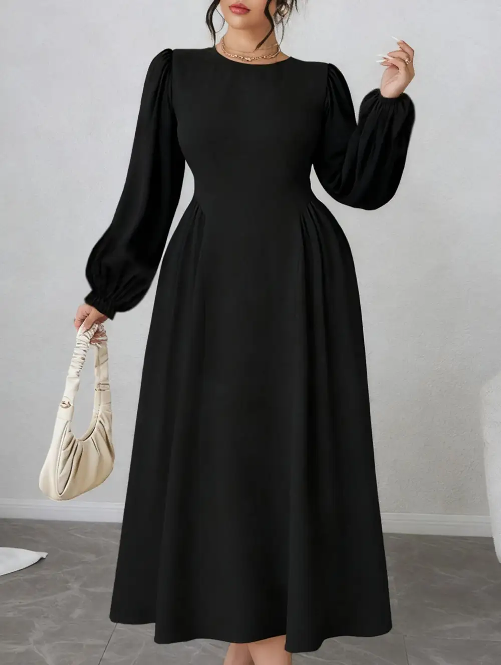 High-Waisted Round Neck Simple Puff Sleeve Dress