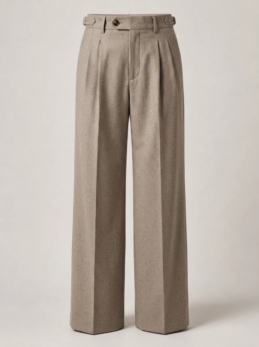 Men's Classic Beige Pleated Wool Blend Trousers