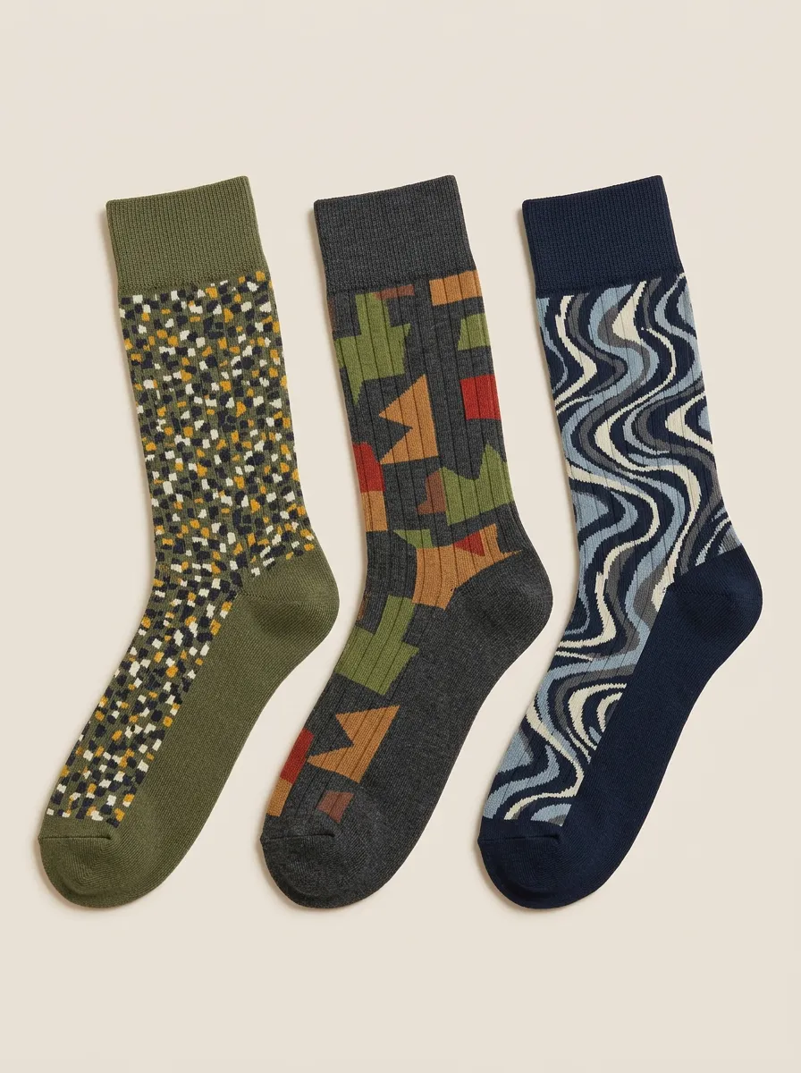 Men's Geometric Abstract Pattern Print Set Pairs Distinct 3-Pack Socks