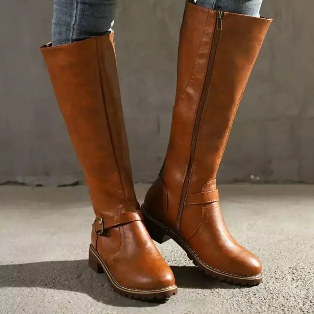 Polished Round Toe Block Heels Boots