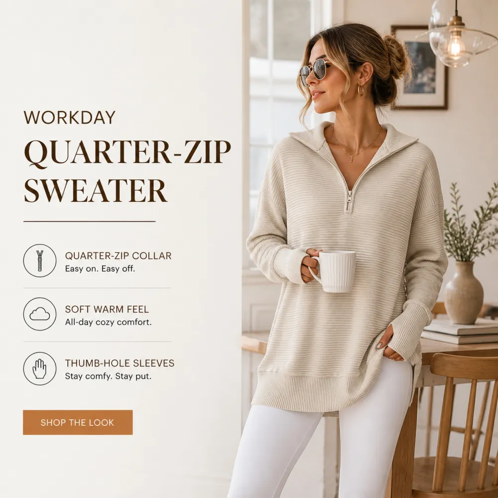Women's Long Sleeve Quarter Zip Pullover Sweater Soft Warm Knit Tops