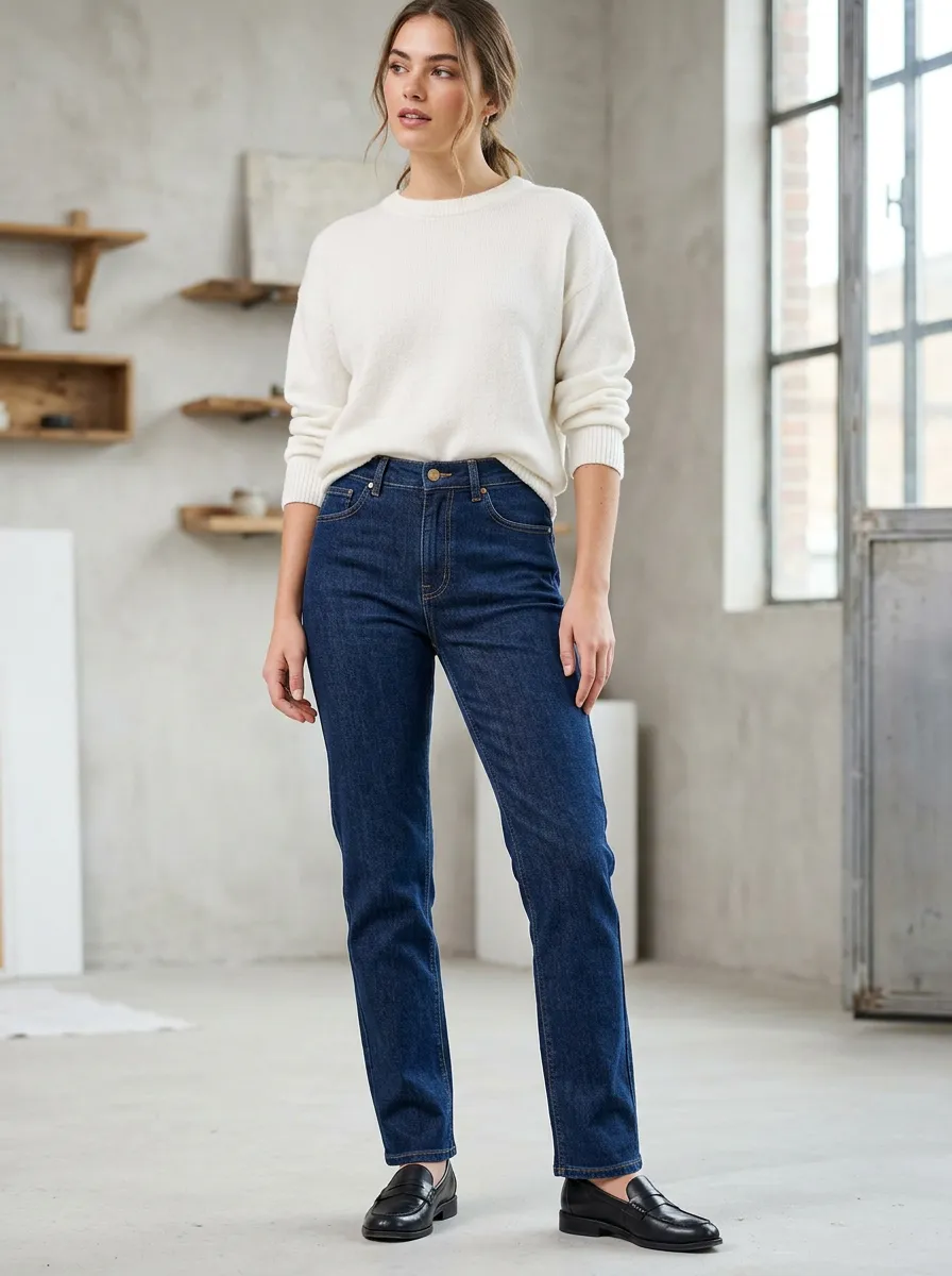 Women's Dark Wash Denim Jeans with Straight Leg Silhouette and High Rise Finish
