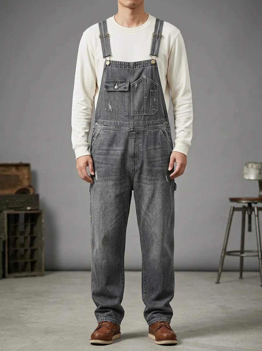 Men's Classic Cargo-Pocket Denim Bib Overalls