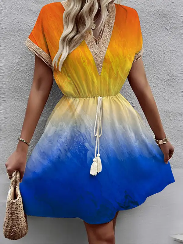 A Line Relaxed Elasticity Gradient Hollow Split Joint Tasseled Tied Waist