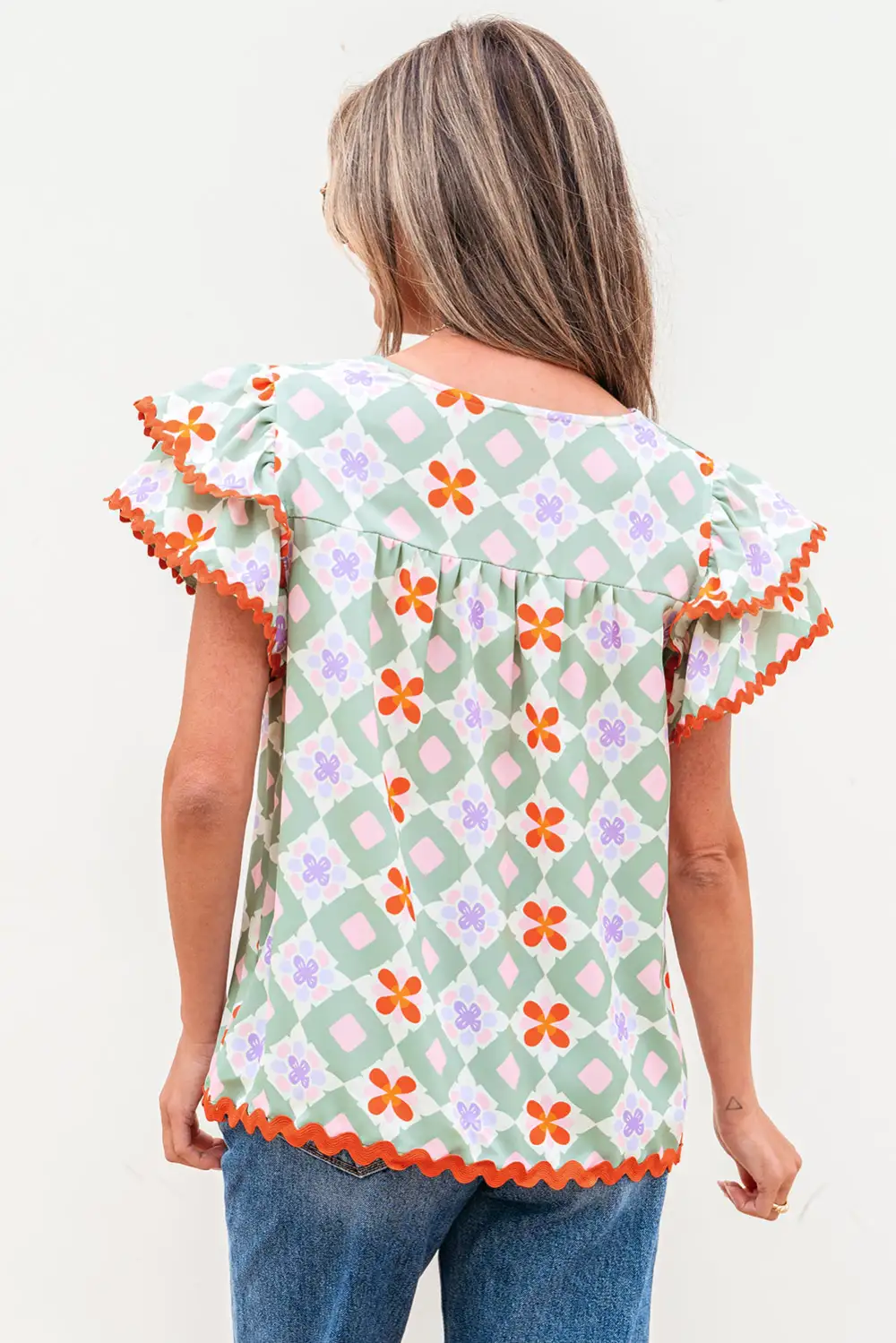 Green Geometric Floral Print Layered Flutter Sleeve V Neck Ric Rac Trim Blouse
