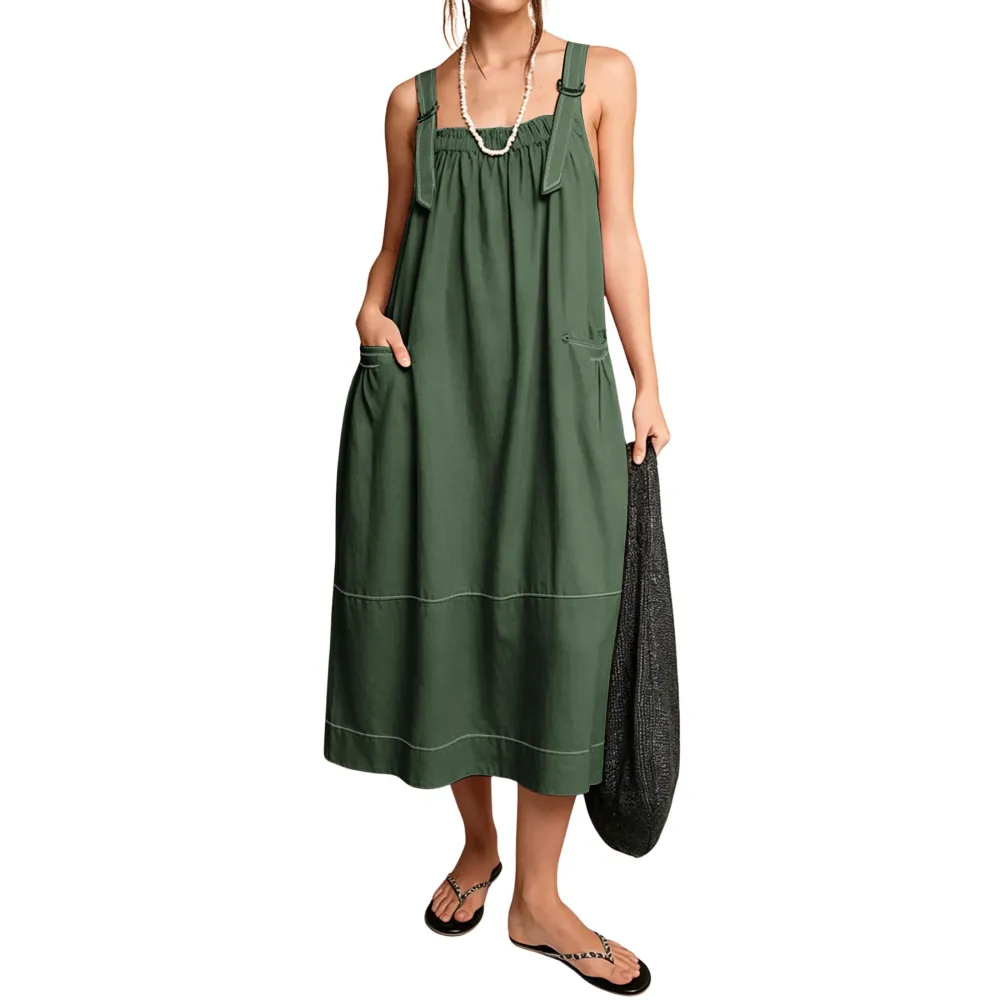 Women's Barrel Midi Dress Sleeveless Strappy Maxi Dress with Big Pockets & Adjustable Straps Minimalist Basic Casual Fall Dress