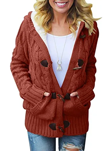 Women Hooded Knit Cardigans Button Cable Sweater Coat