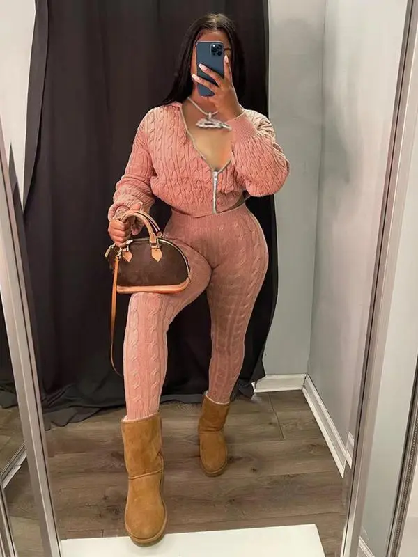 Women's Minimalist Textured Long Sleeve Crop Hooded Sweater& High Waist Skinny Pants Set
