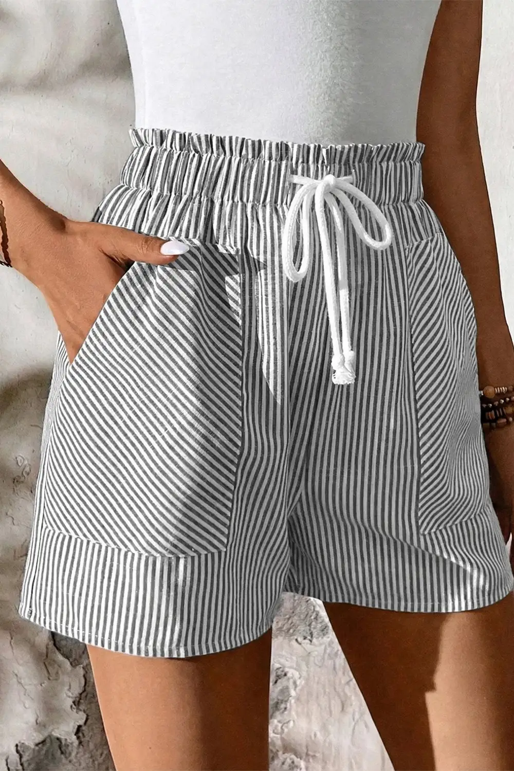Lace Up Cotton Striped Casual Shorts