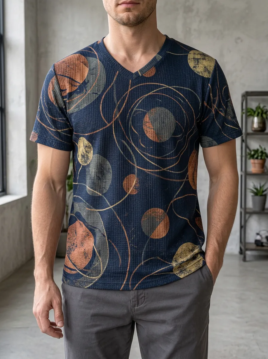 Men's Abstract Geometric Circle Printed V-Neck T-Shirt