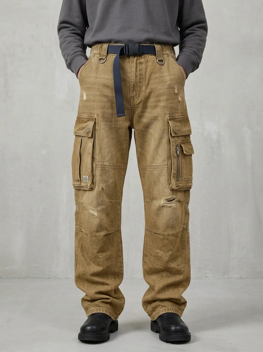Men's Blue Washed Webbing Belt Straight-Leg Denim Cargo Pants