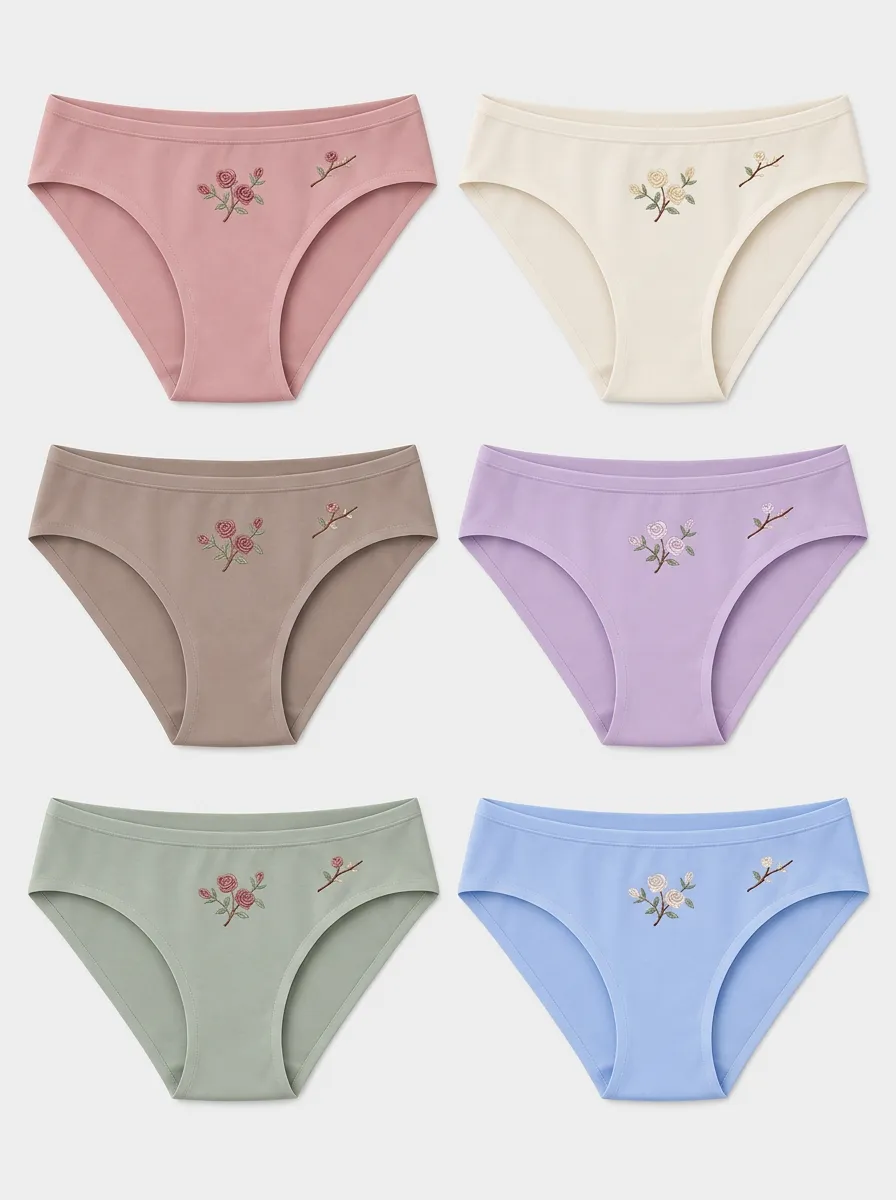 Women's Multicolor Floral Embroidered Rose Briefs 6-Pack