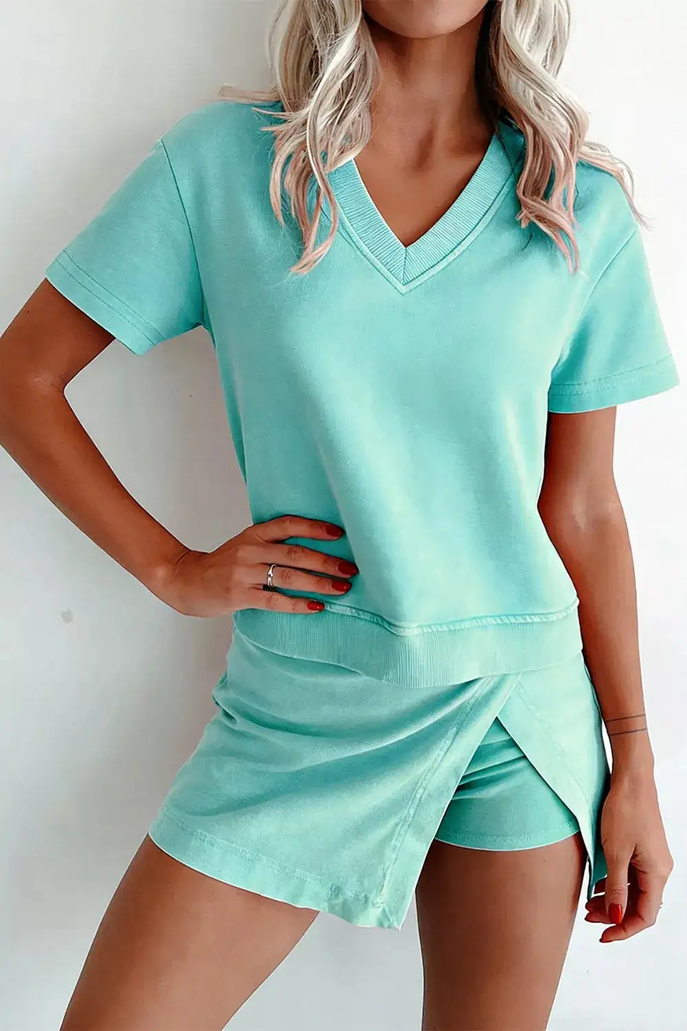 Casual V-NECK Top and Wrap Skort Set Skirt