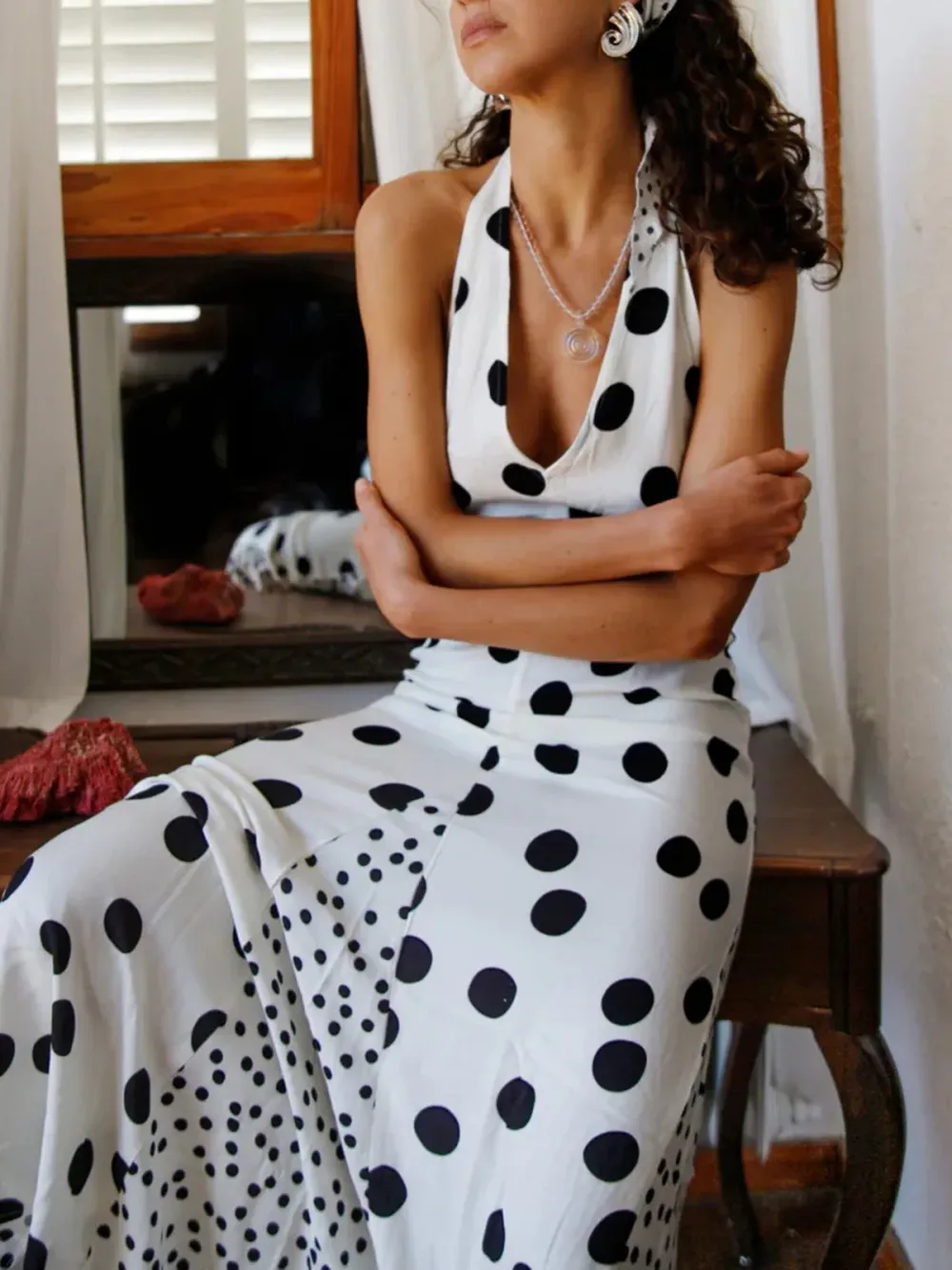 Casual Style V-neck Polka Dot Dress